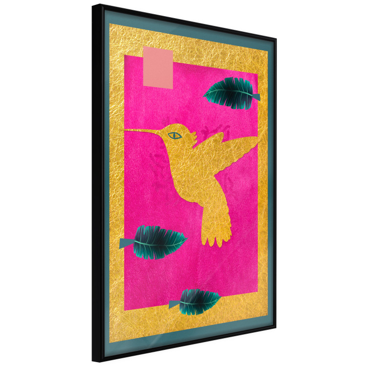 Poster Golden Hummingbird - abstraction with a bird and green leaves on a pink background 116930 additionalImage 12