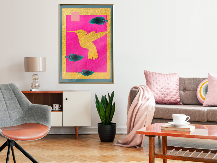 Poster Golden Hummingbird - abstraction with a bird and green leaves on a pink background 116930 additionalImage 7
