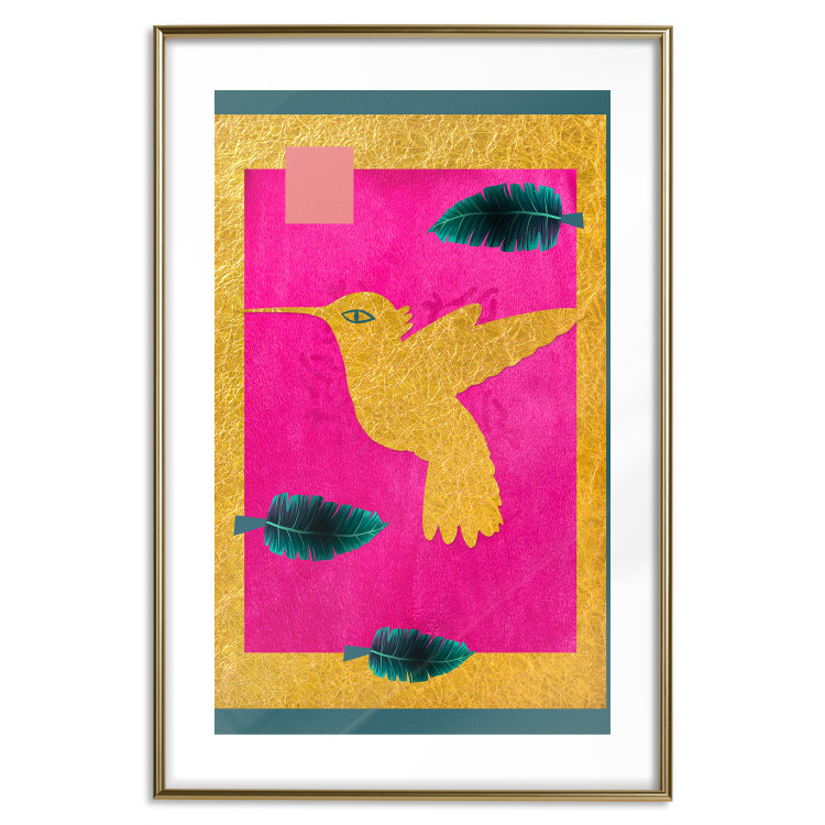 Poster Golden Hummingbird - abstraction with a bird and green leaves on a pink background 116930 additionalImage 14