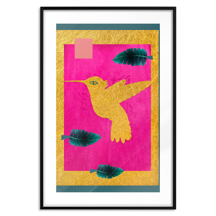 Poster Golden Hummingbird - abstraction with a bird and green leaves on a pink background 116930 additionalImage 15