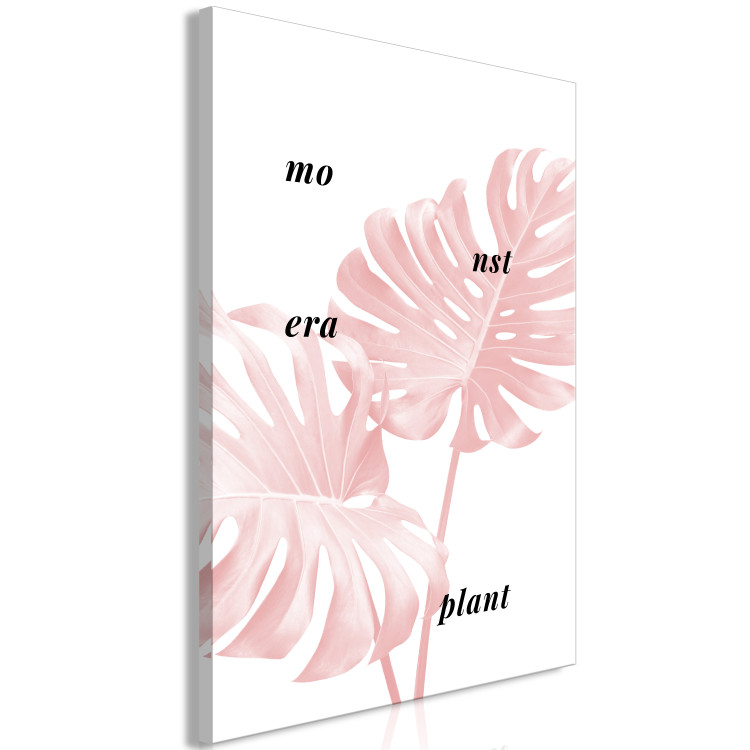 Canvas Print Pink monstera leaves with inscription - minimalistic botanical motif 122930 additionalImage 2