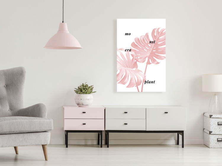 Canvas Print Pink monstera leaves with inscription - minimalistic botanical motif 122930 additionalImage 3