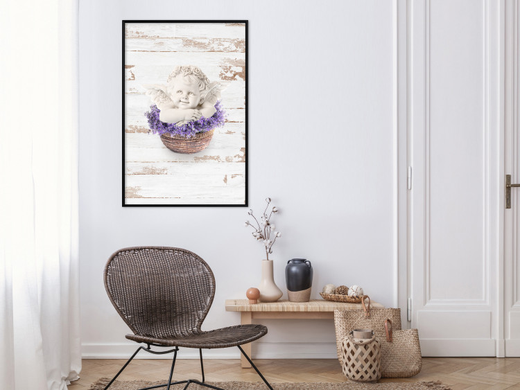 Poster Lavender Dream - angel in purple flowers on wooden background 128030 additionalImage 4