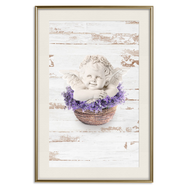 Poster Lavender Dream - angel in purple flowers on wooden background 128030 additionalImage 24