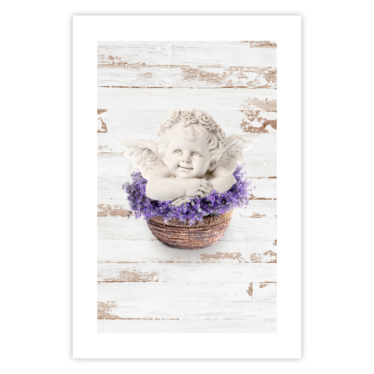 Poster Lavender Dream - angel in purple flowers on wooden background 128030 additionalImage 18