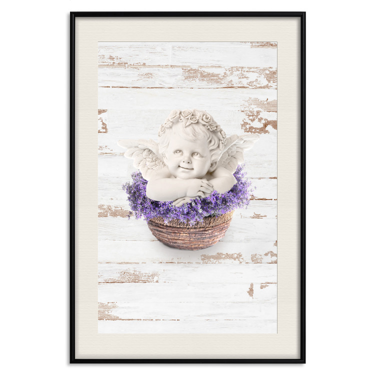 Poster Lavender Dream - angel in purple flowers on wooden background 128030 additionalImage 23
