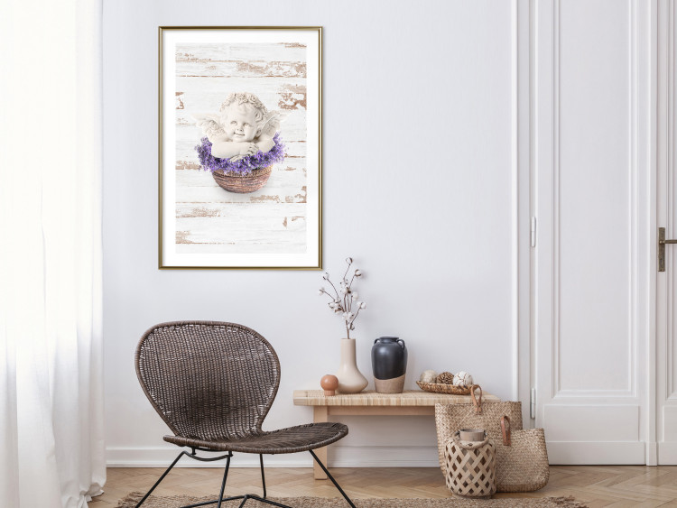 Poster Lavender Dream - angel in purple flowers on wooden background 128030 additionalImage 14