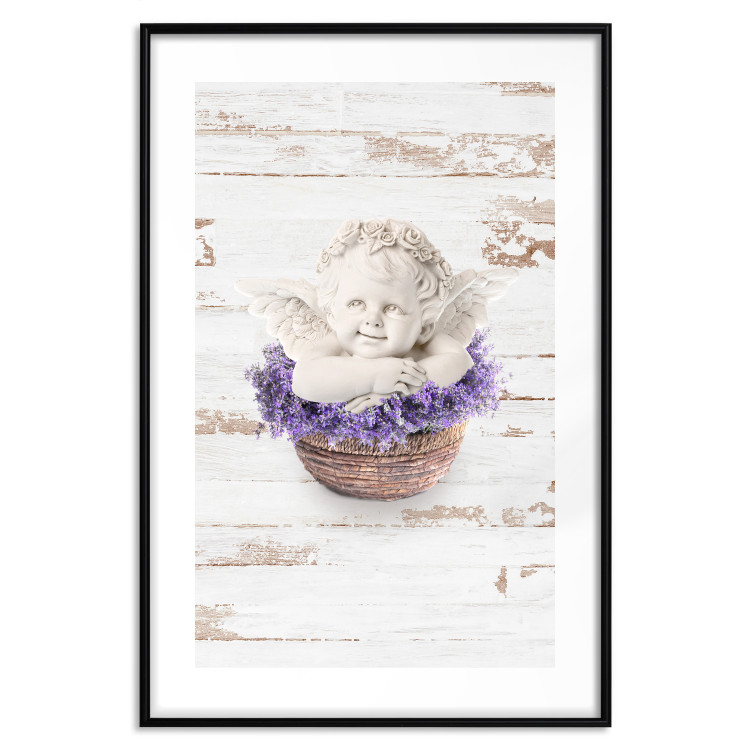 Poster Lavender Dream - angel in purple flowers on wooden background 128030 additionalImage 16