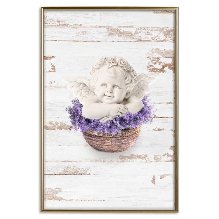 Poster Lavender Dream - angel in purple flowers on wooden background 128030 additionalImage 19