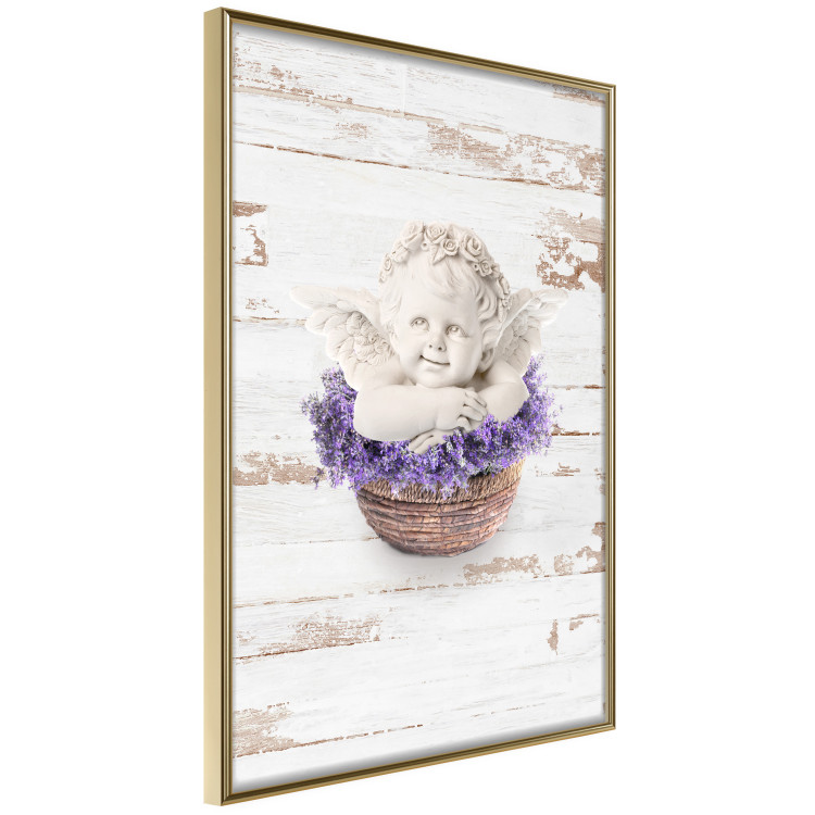 Poster Lavender Dream - angel in purple flowers on wooden background 128030 additionalImage 12