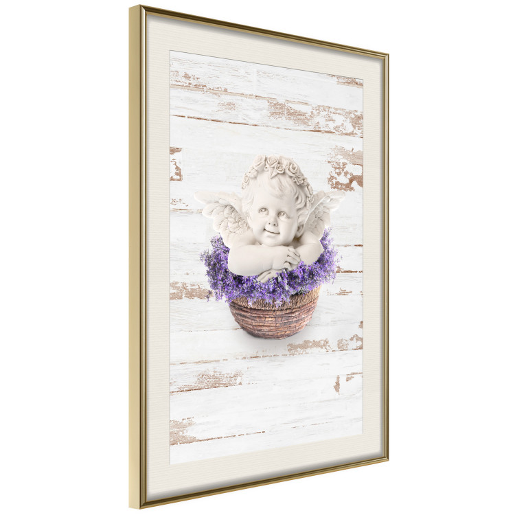 Poster Lavender Dream - angel in purple flowers on wooden background 128030 additionalImage 2