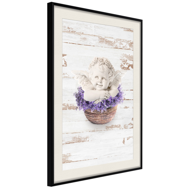 Poster Lavender Dream - angel in purple flowers on wooden background 128030 additionalImage 3