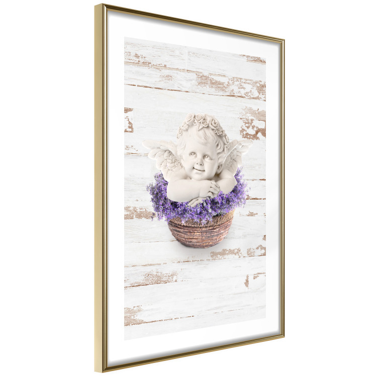 Poster Lavender Dream - angel in purple flowers on wooden background 128030 additionalImage 9