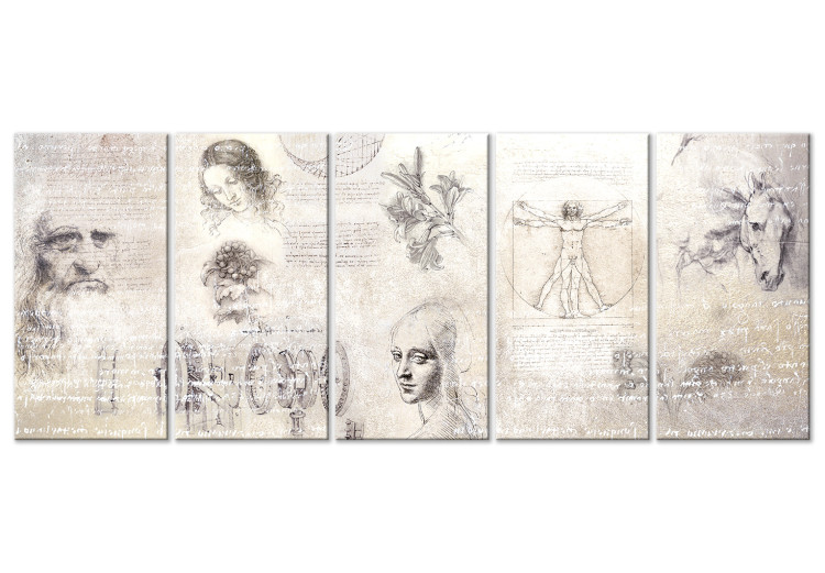 Canvas Master's Sketches (5-part) narrow - sculpture with vintage-style inscriptions 129530