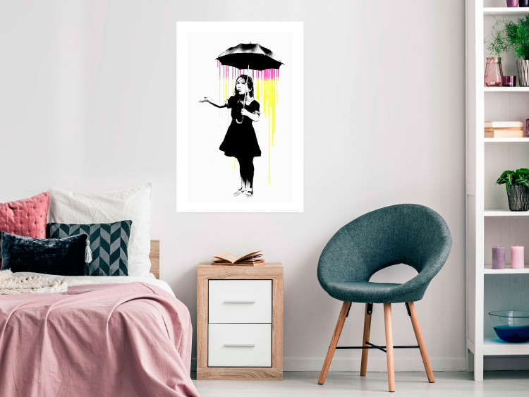 Wall Poster Girl with Umbrella - black and white girl in a colorful rain 132430 additionalImage 12