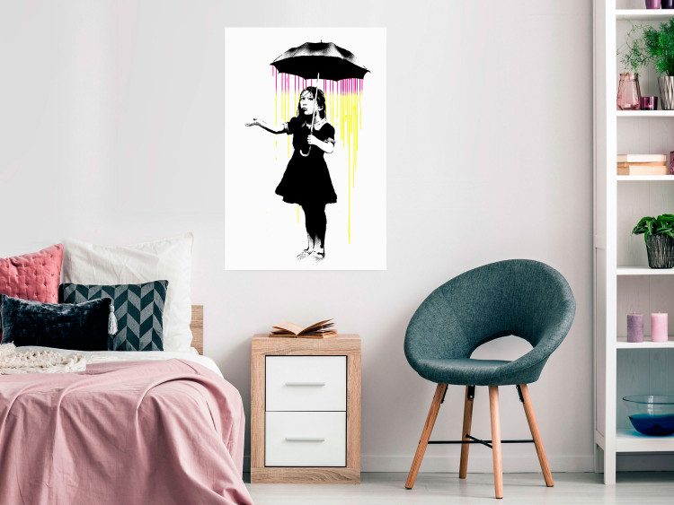 Wall Poster Girl with Umbrella - black and white girl in a colorful rain 132430 additionalImage 23