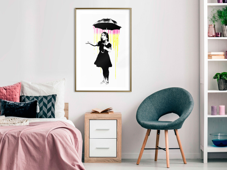 Wall Poster Girl with Umbrella - black and white girl in a colorful rain 132430 additionalImage 15