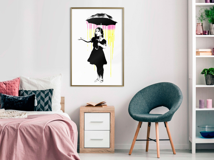 Wall Poster Girl with Umbrella - black and white girl in a colorful rain 132430 additionalImage 10