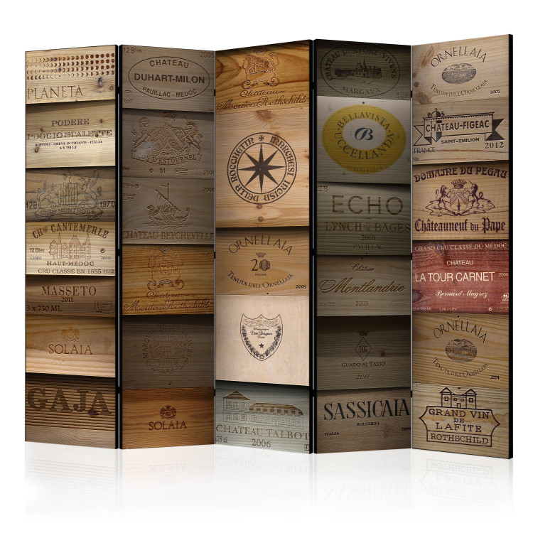 Folding Screen Old Vineyard II (5-piece) - inscriptions on a texture of brown wood 132530