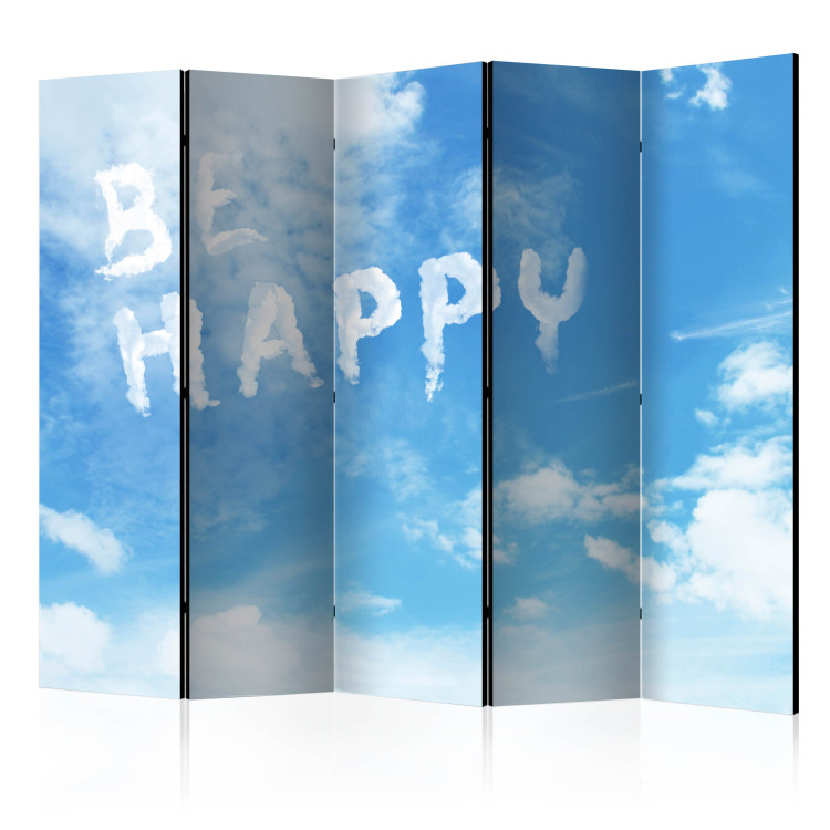 Room Divider Screen Be Happy II (5-piece) - English quote on a bright sky background 132630