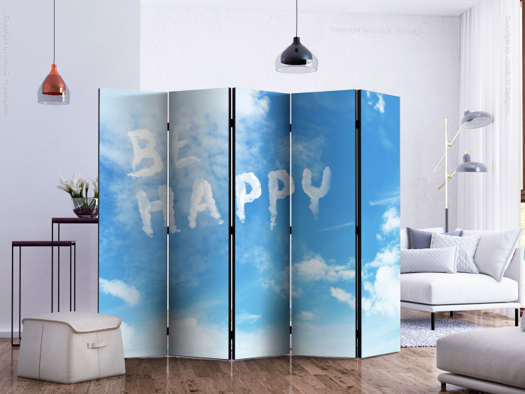 Room Divider Screen Be Happy II (5-piece) - English quote on a bright sky background 132630 additionalImage 2