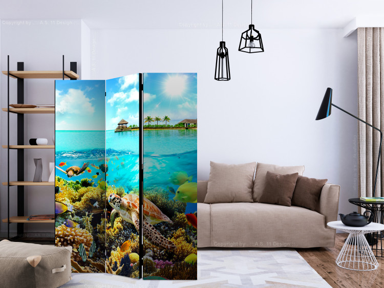 Folding Screen Heavenly Maldives (3-piece) - blue ocean full of fish against an island backdrop 133130 additionalImage 4