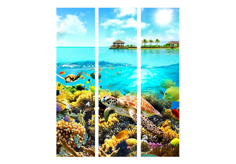 Folding Screen Heavenly Maldives (3-piece) - blue ocean full of fish against an island backdrop 133130 additionalImage 3