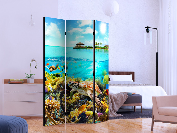 Folding Screen Heavenly Maldives (3-piece) - blue ocean full of fish against an island backdrop 133130 additionalImage 2