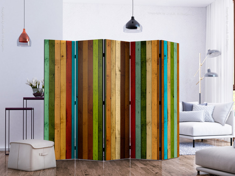 Room Separator Wooden Rainbow II (5-piece) - composition with colorful vertical stripes 133430 additionalImage 2
