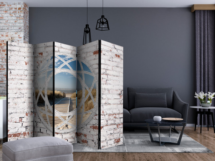 Room Divider Beach View II (5-piece) - weathered brick and seascape 133530 additionalImage 4