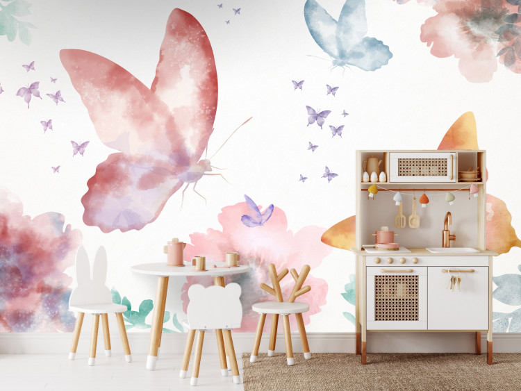 Wall Mural Garden - colourful composition of flowers and butterflies on a solid background in white 143430
