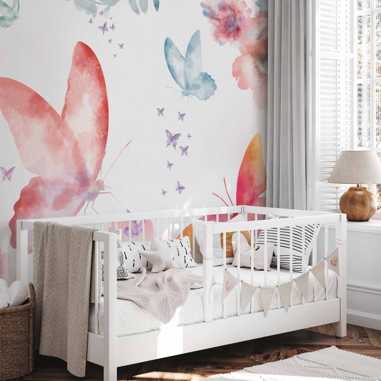 Wall Mural Garden - colourful composition of flowers and butterflies on a solid background in white 143430 additionalImage 4