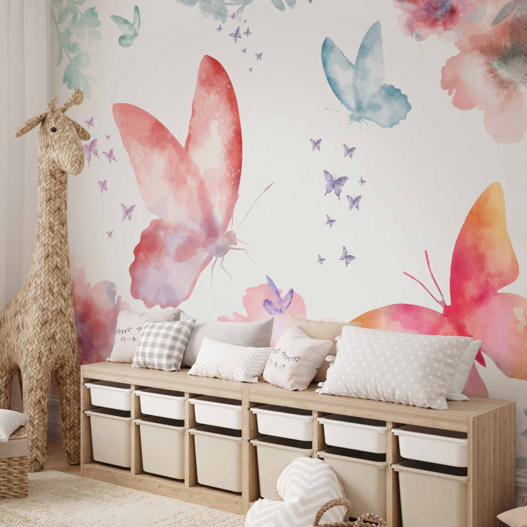 Wall Mural Garden - colourful composition of flowers and butterflies on a solid background in white 143430 additionalImage 7