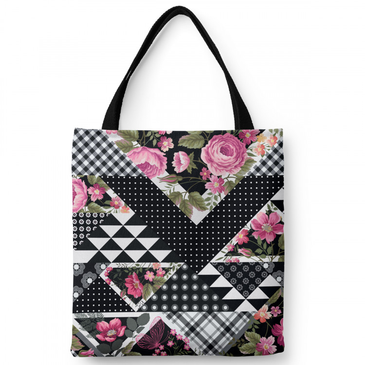 Shopping Bag Floral patchwork - geometric, black and white cutout with flowers 147530
