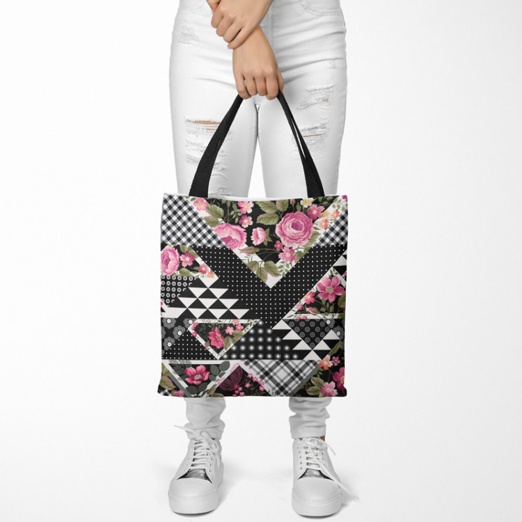 Shopping Bag Floral patchwork - geometric, black and white cutout with flowers 147530 additionalImage 2