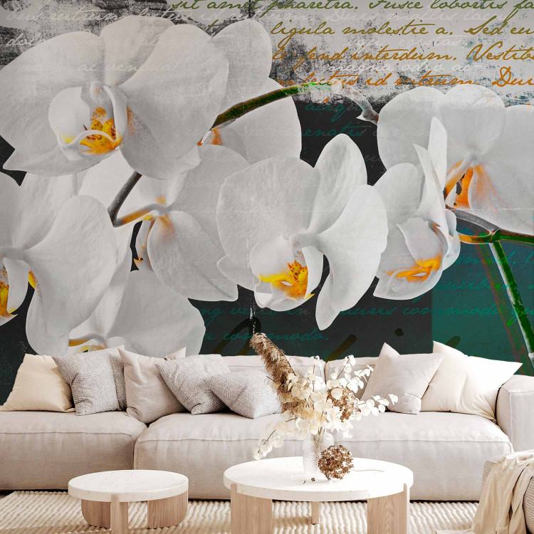 Wall Mural Orchid - Poet's Inspiration is a White Floral Motif with Inscriptions in the Background 60630