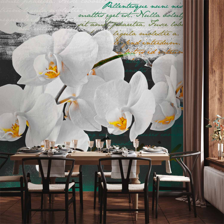 Wall Mural Orchid - Poet's Inspiration is a White Floral Motif with Inscriptions in the Background 60630 additionalImage 4