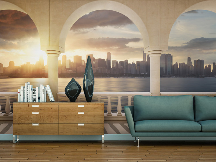 Wall Mural Terrace Overlooking New York - Sunny Architecture with Skyscrapers over the River 61530