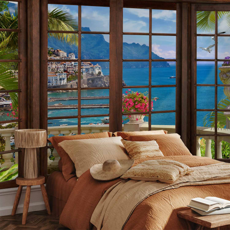 Wall Mural Paradise landscape - view from a window of the sea and a seaside village on a rock 92630 additionalImage 2