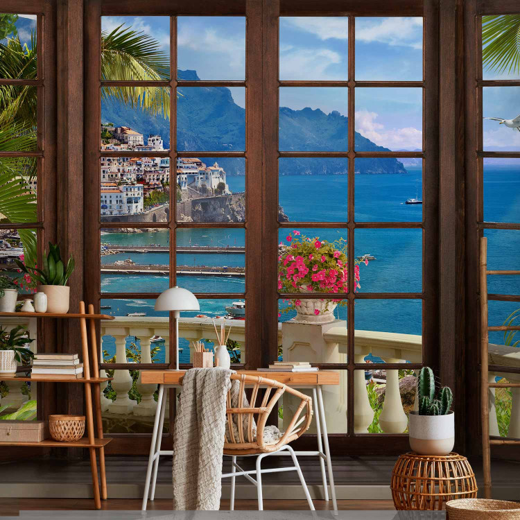 Wall Mural Paradise landscape - view from a window of the sea and a seaside village on a rock 92630 additionalImage 4