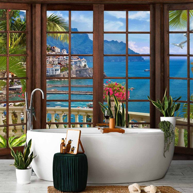 Wall Mural Paradise landscape - view from a window of the sea and a seaside village on a rock 92630 additionalImage 8