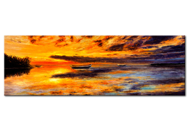 Canvas Print Orange Lake (1-part) - Boat Against Romantic Sunset 95530