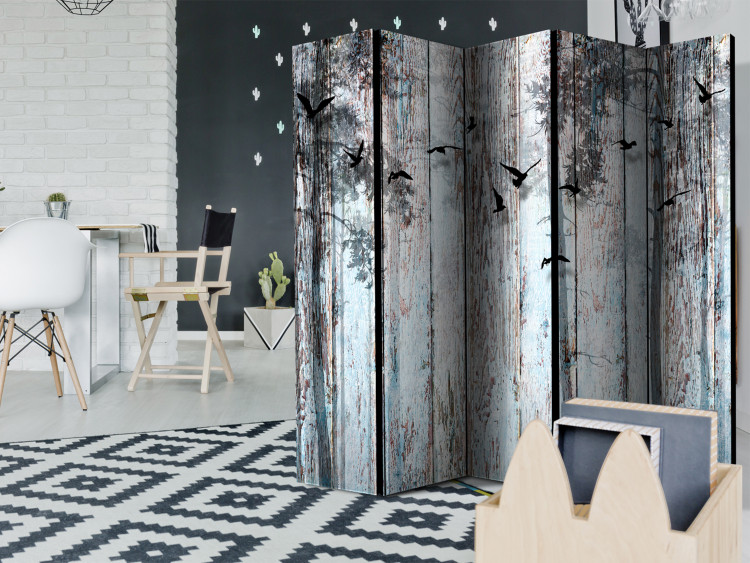 Folding Screen Rustic Planks II - texture of wooden planks with bird motif 107640 additionalImage 2