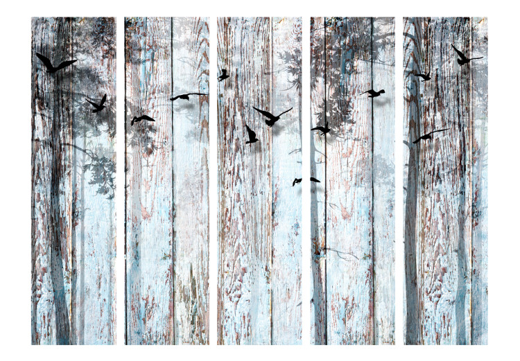 Folding Screen Rustic Planks II - texture of wooden planks with bird motif 107640 additionalImage 3