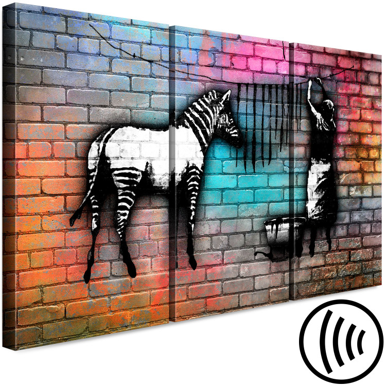Canvas Print Zebra washing - street art graphics on an abstract, colorful brick 118540 additionalImage 6