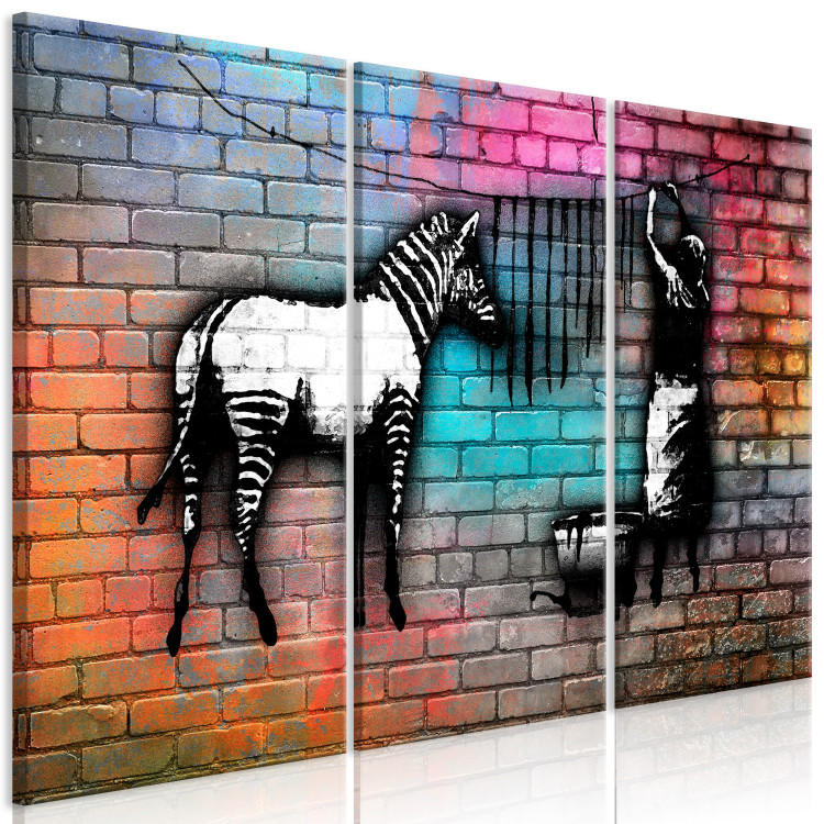 Canvas Print Zebra washing - street art graphics on an abstract, colorful brick 118540 additionalImage 2