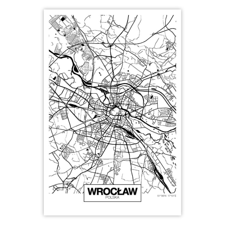Wall Poster City Map: Wrocław - black and white map of Wrocław with city name 123840
