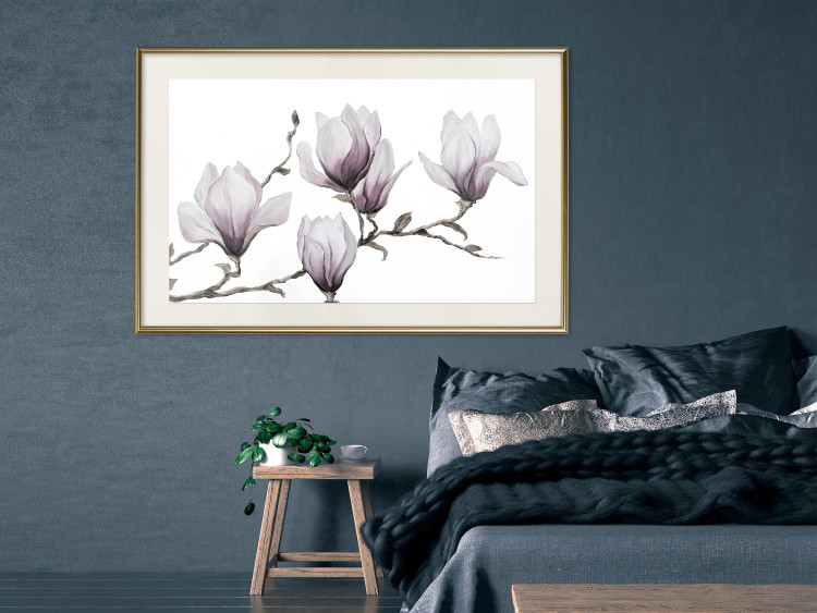 Poster Painted Magnolias - composition of plants with white flowers on a light background 128640 additionalImage 21