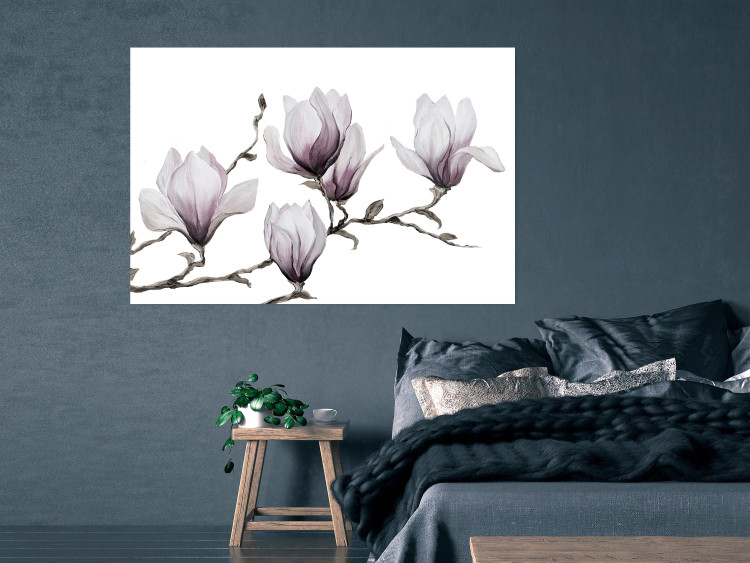 Poster Painted Magnolias - composition of plants with white flowers on a light background 128640 additionalImage 23