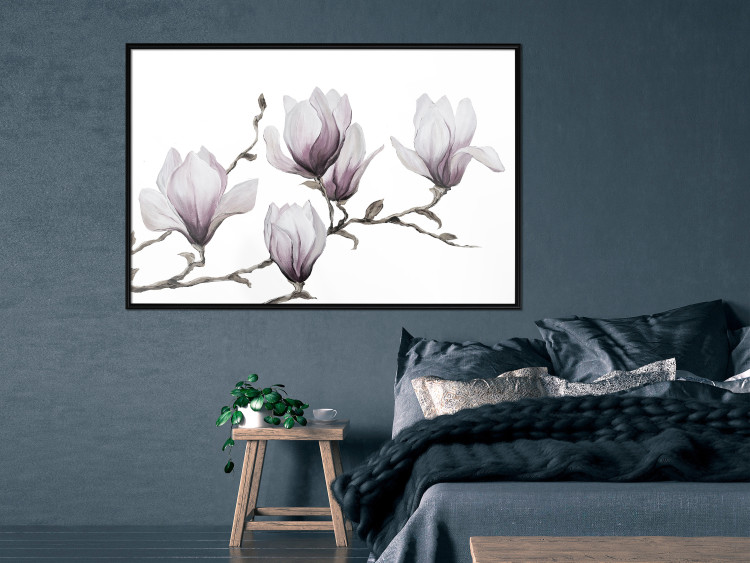 Poster Painted Magnolias - composition of plants with white flowers on a light background 128640 additionalImage 3